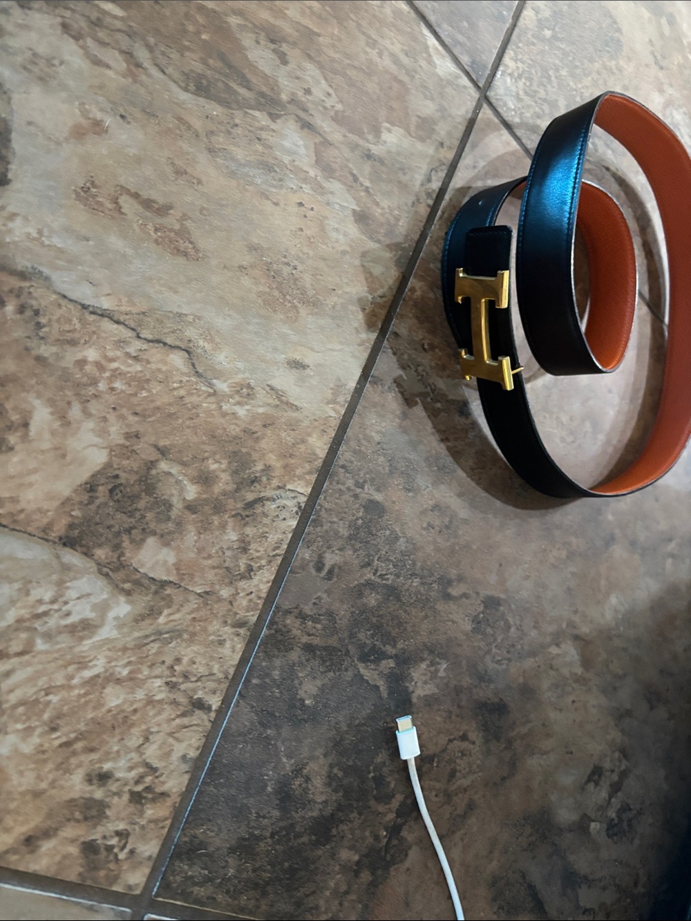 Hermes Reversible Black and Orange Leather Belt with Gold H Buckle